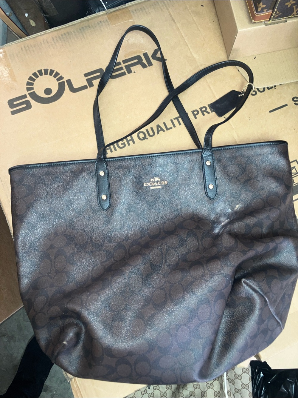 Coach Brown huge Signature Monogram Tote with Black Straps